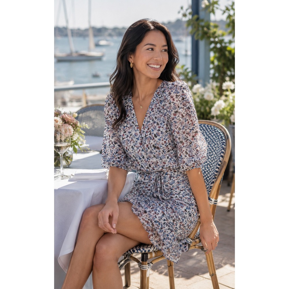 Veronica Beard 100% Silk Dakota Floral Ruched Mini Dress Blue Pink‎ Ivory Size 4